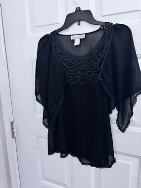 Love Notes Black Sheer Embroidered Scoop Blouse